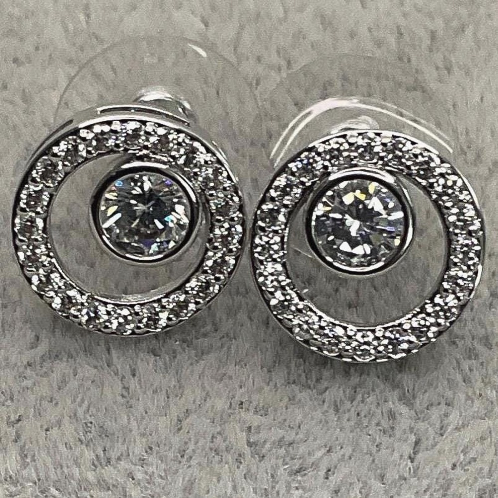 Round Silver Crystal Halo Stud Earrings With Clear Center Stone